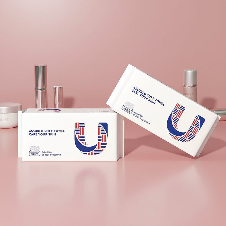 Two boxes of 'U' brand soft towels on a blue background