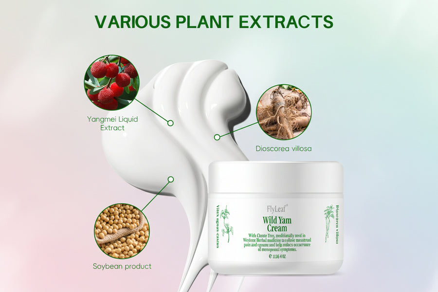 Wild Yam Cream with plant extract illustrations and product packaging on a white background