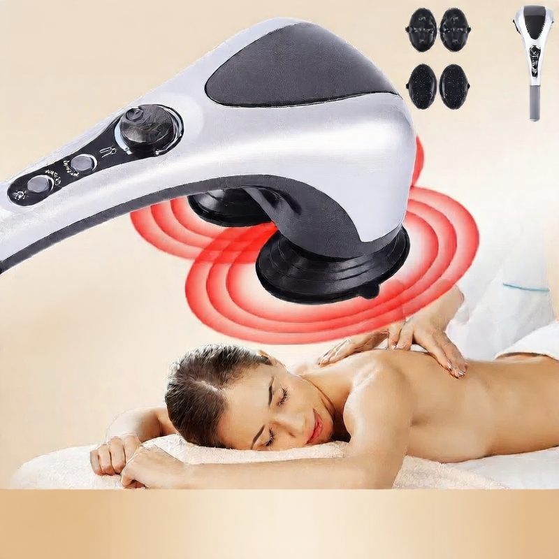 Massage gun being used on a person with additional attachments displayed.