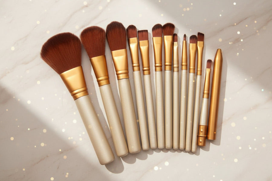 Set of makeup brushes with wooden handles and gold accents on a white background