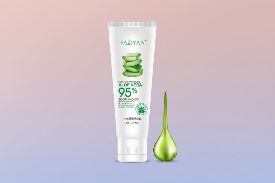 Faziyan aloe vera gel tube with images of people using the product and aloe vera leaves on a green background.