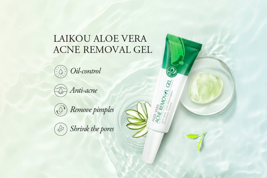 Laikou Aloe Vera Acne Removal Gel with product and benefits on a white background