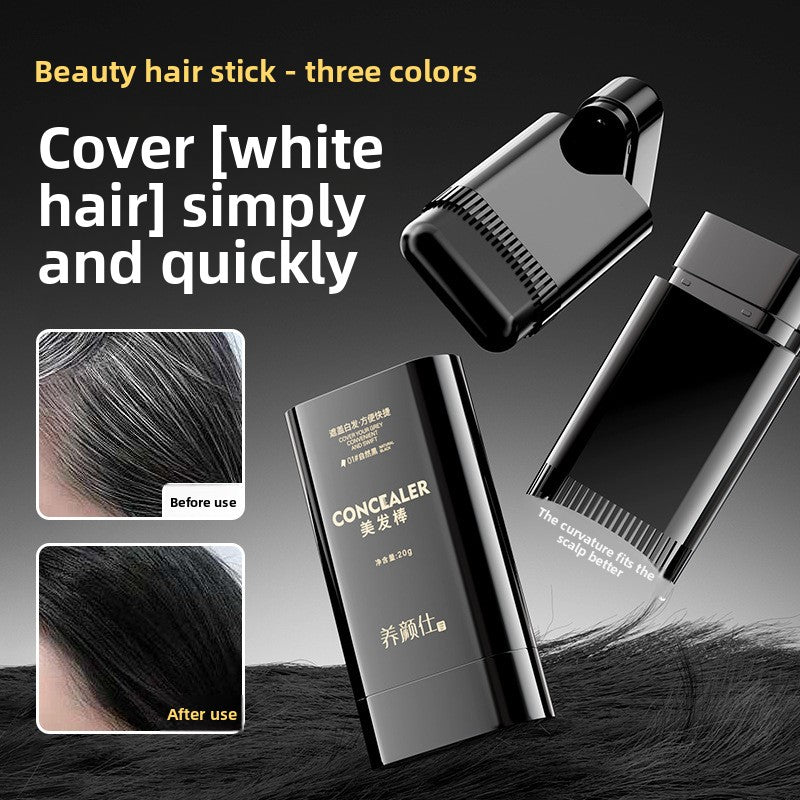 Beauty hair stick with three color options for concealing white hair, showing before and after effects.
