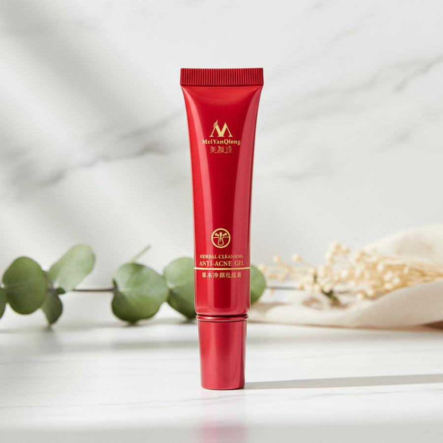Red skincare tube with Meiyanqiong logo on a white background