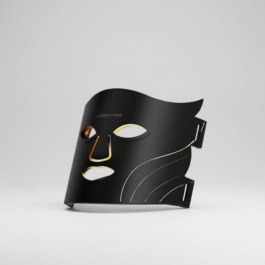 Black LED beauty mask on a light blue background with text about skin rejuvenation.