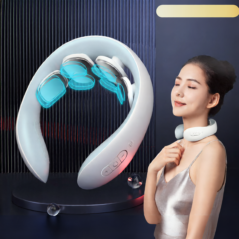 Woman using a neck massager with a dark background