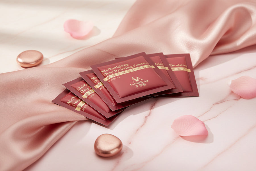 Red packets of MeiYanQiong Deep Hydrating Emulsion on a white background
