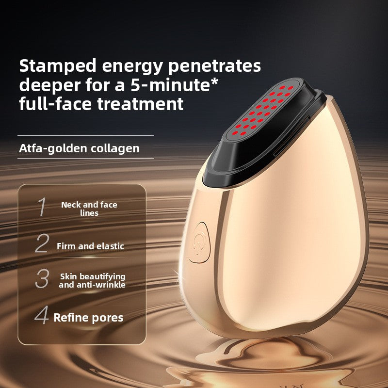 Cosmetic device with text about facial treatment benefits on a dark background