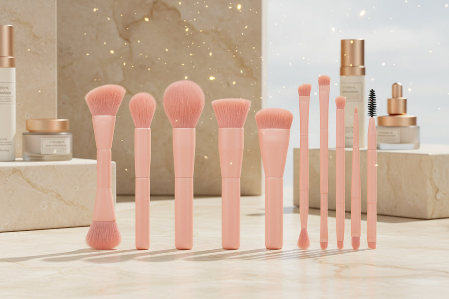 Set of pink makeup brushes on a white background
