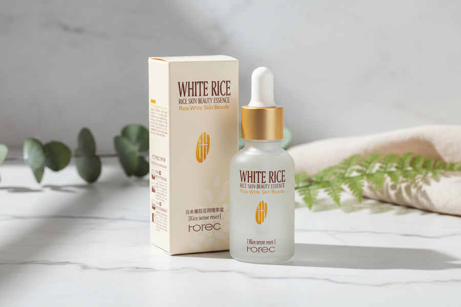 White Rice Rice Skin Beauty Essence bottle and packaging on a white background