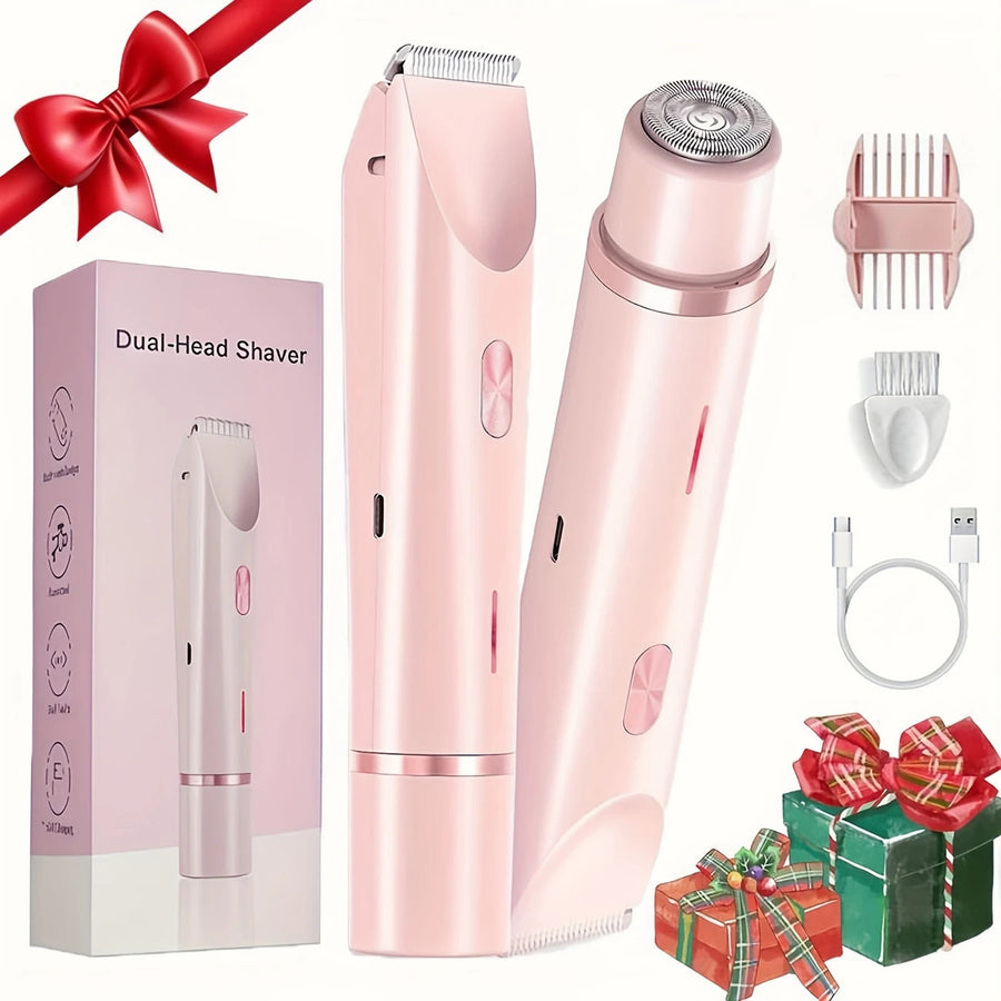Pink dual-head shaver with packaging, attachments, and gift boxes on a white background