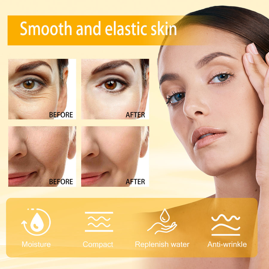 Before and after comparison of smooth and elastic skin with icons and text on a yellow background.