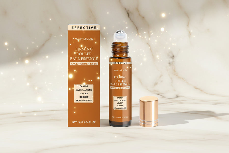 Firming roller ball essence with packaging on a white background