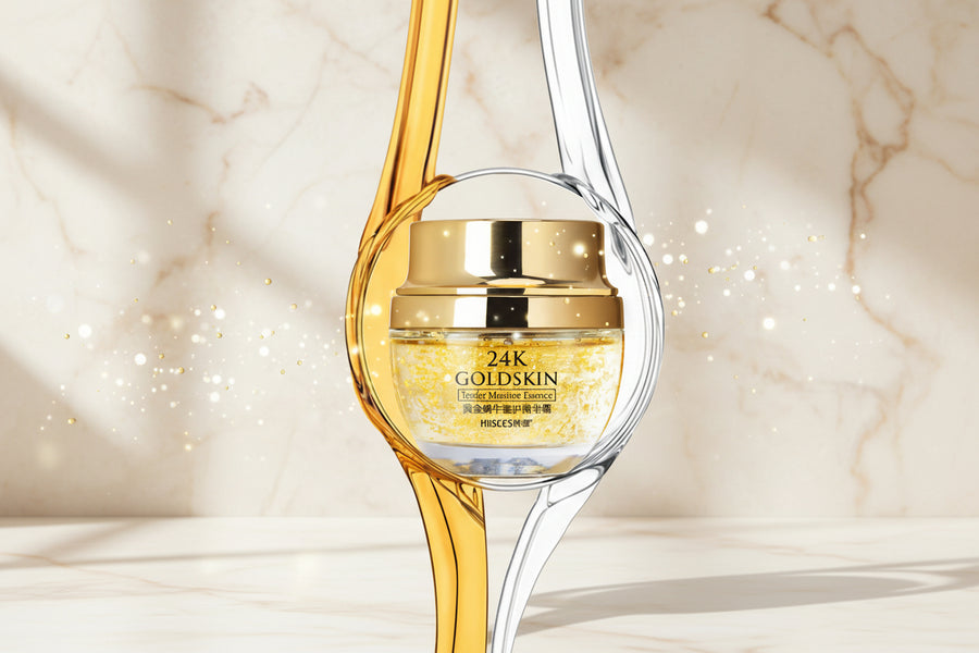 Goldskin skincare product with features listed on a beige background