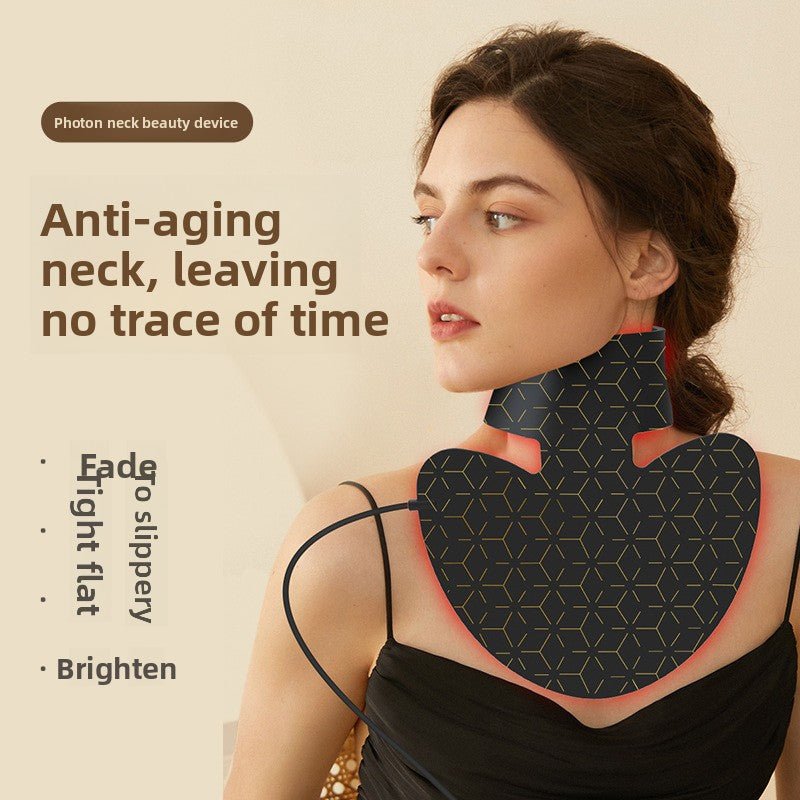 Woman using a photon neck beauty device with text on anti-aging benefits.