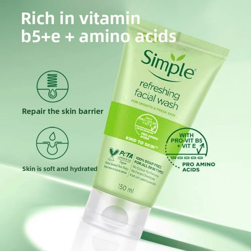 Green tube of Simple refreshing facial wash on a light green background with text highlighting ingredients and benefits.