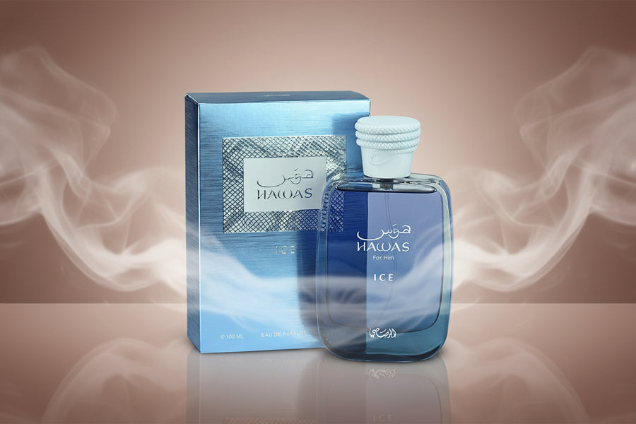 Blue perfume bottle and packaging with 'HAWAS' branding on a white background