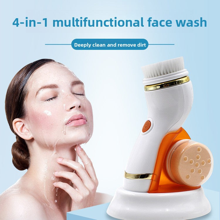 Multifunctional face wash device with a woman washing her face on a light blue background