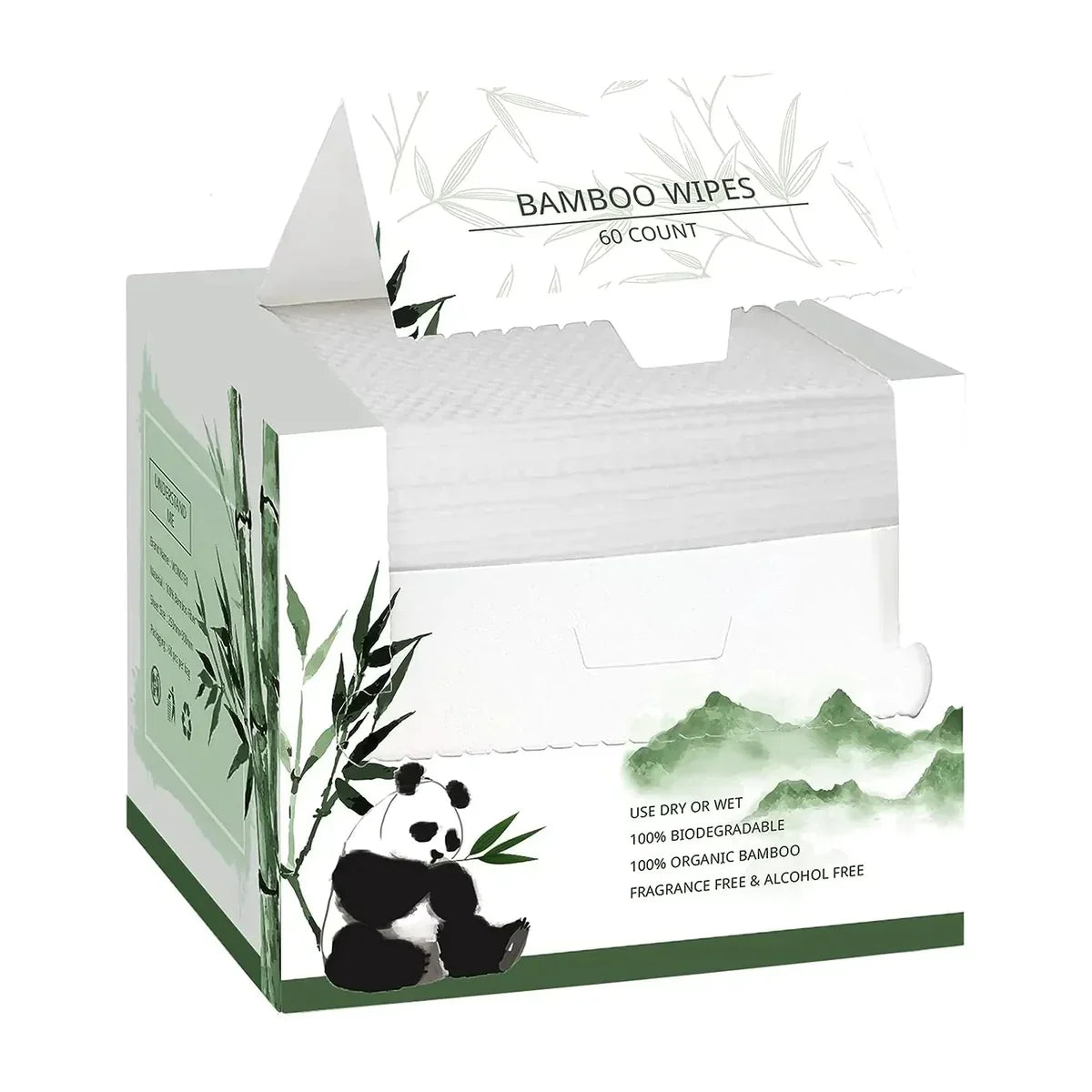Box of bamboo wipes with panda design on a white background