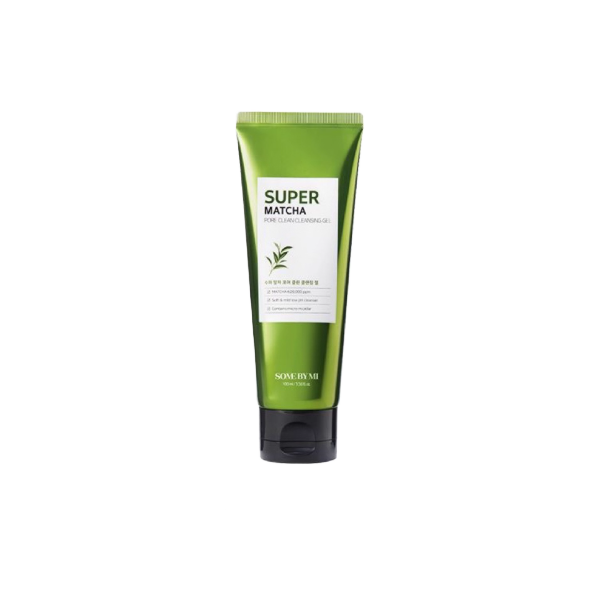 Green tube of Super Matcha product on a white background