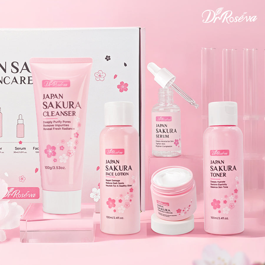 Dr. Roseva skincare products on a pink background