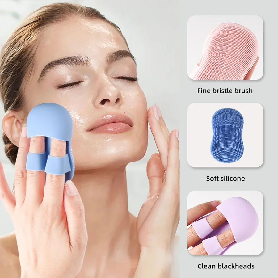 Woman using a facial cleansing tool with close-up insets of brush and silicone components.