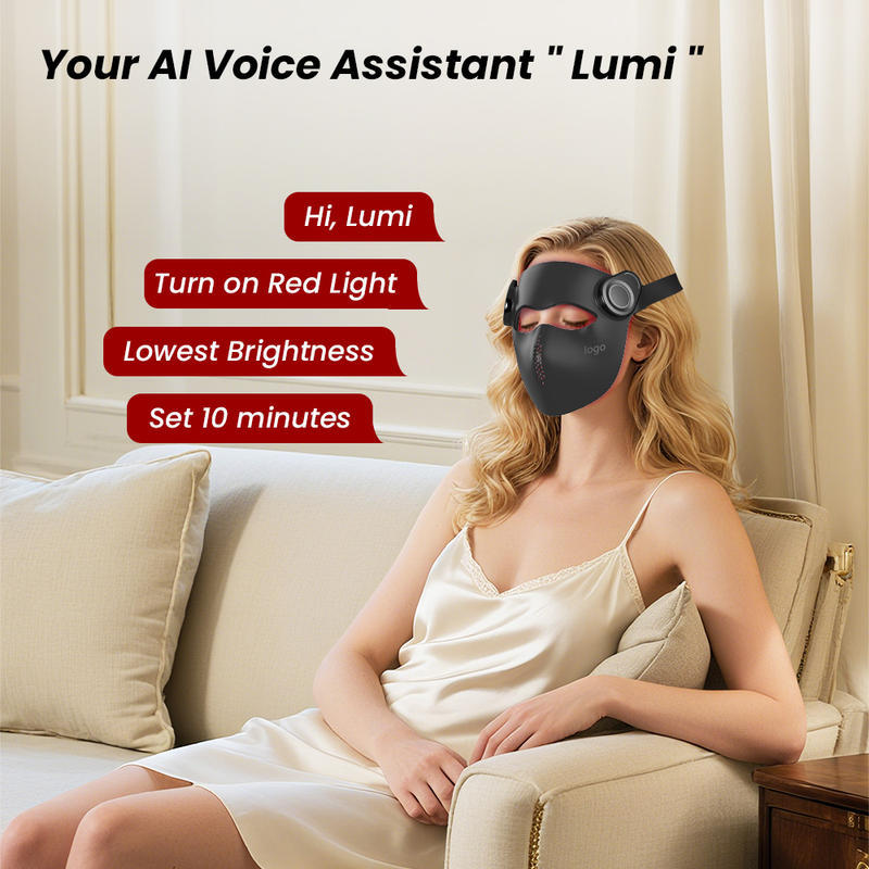 Woman using an AI voice assistant 'Lumi' on a couch